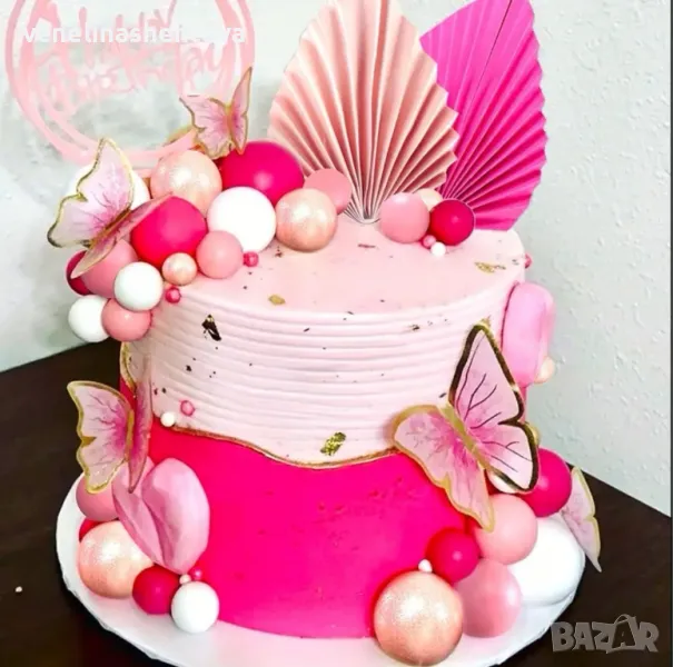 Комплект топери топчета топки палмови листа в розов цвят за декорация на торта , снимка 1