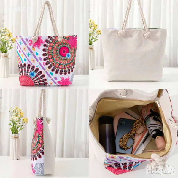 Универсална дамска ежедневна чанта с ефектни въжени дръжки+ цип в красив многоцветен модерен десен, снимка 1