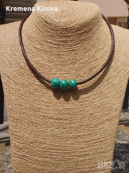 Дамско колие с естествена кожа и керамични мъниста. Бижута Луди гъби., снимка 1