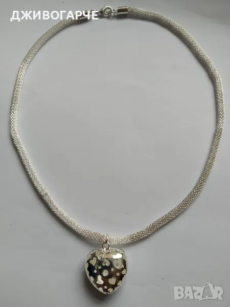 Масивен сребърен ланец тръбен тип, с масивна висулка сърце, снимка 1