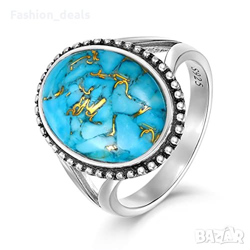 Нов пръстен 16x17мм овална форма син тюркоаз 925 сребро Жени Подарък, снимка 1