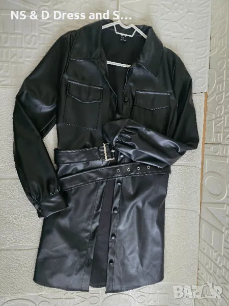 Дълга кожена риза рокля с колан, снимка 1