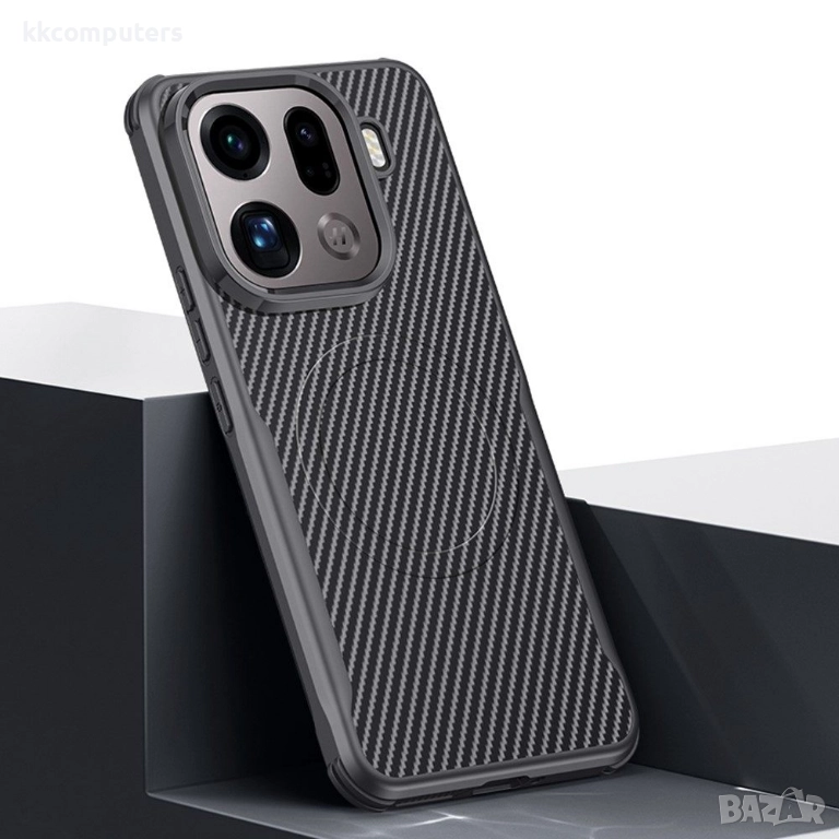 Магнитен Carbon Fiber Калъф за Oppo Find X9 Pro 5G- PU кожа, PC и силикон, MagSafe, Вкл. Протектор, , снимка 1