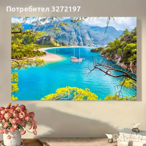 Картина на платно с дървена рамка-Изглед към езеро,30x40 см., снимка 2 - Картини - 48464298