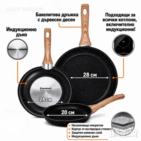 Комплект 3 тигана 20/24/28 см с незалепващо каменно покритие и индукционно дъно – за всички видове к, снимка 3 - Съдове за готвене - 55943632