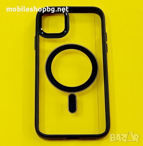 калъф за iPhone 11 прозрачен твърд с черна силиконова рамка MagSafe