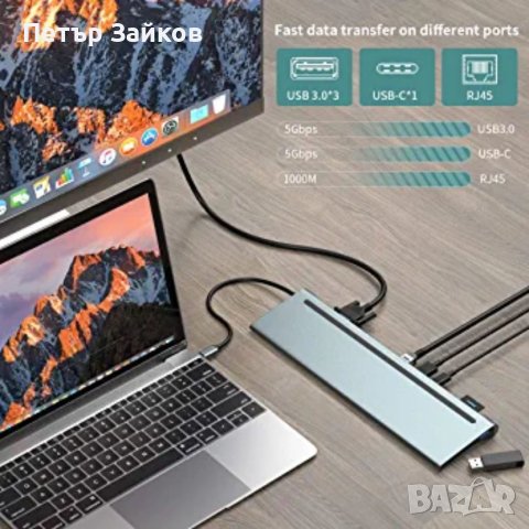 USB C докинг станция, USB C хъб, троен монитор USB тип C към DP HDMI VGA адаптер, снимка 5 - Друга електроника - 41096619