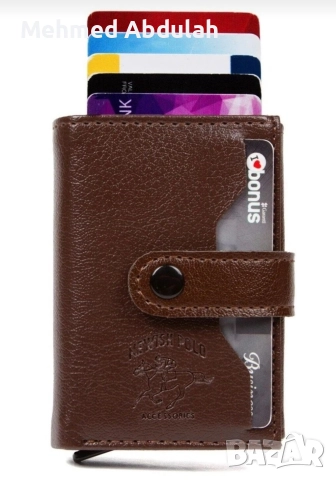 кафяв кожен портфейл с алуминиев автоматичен защитен механизъм, снимка 2 - Портфейли, портмонета - 52620419