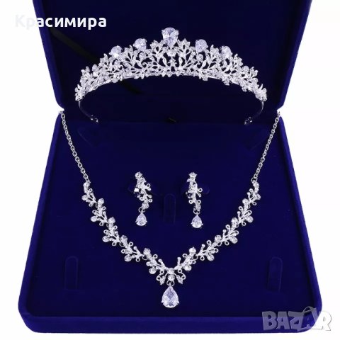 комплект корона тиара колие обеци сватбени аксесоари 