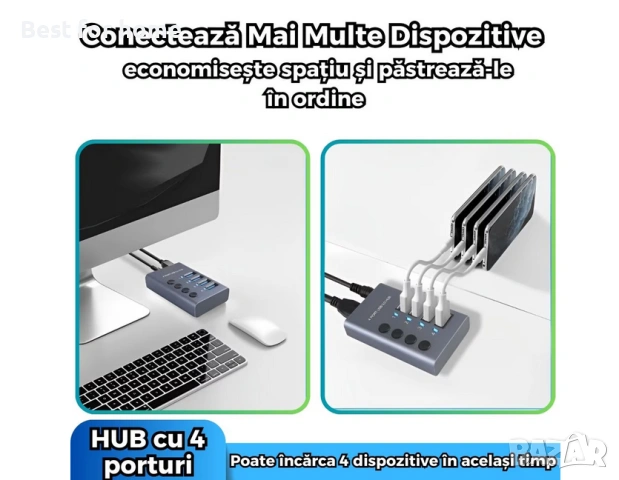 4 в 1 USB хъб с бутон ON/OFF, PRESTIGE CHARGE®, алуминий, 4 USB 3.0 порта, снимка 6 - USB кабели - 53664056