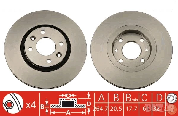 Диск спирачен преден дeсен/ляв за RENAULT 21 2.0/2.1D/2.2 03.86-09.95г.№ R1201V
