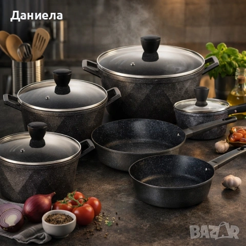 Премиум комплект съдове за готвене 12 части с мраморно покритие Cheffinger, снимка 6 - Съдове за готвене - 53122701