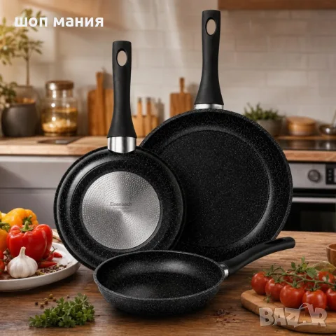 Комплект 3 тигана 20/24/28 см с незалепващо каменно покритие и индукционно дъно
