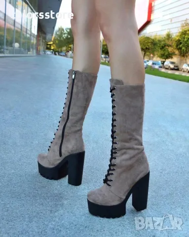 Ботуши на ток - бежов велур с черно ходило - 593, снимка 2 - Дамски ботуши - 49308836