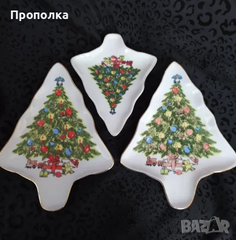 Ретро Коледен комплект, 4 части - кошничка и чинийки с елхички, снимка 2 - Чинии - 48070414