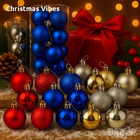 Коледни топки за украса, 24 броя с кутия - SD36