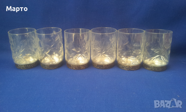 Руски ракиени кристални чашки с метално дъно, ръчна гравюра, снимка 6 - Чаши - 36167173