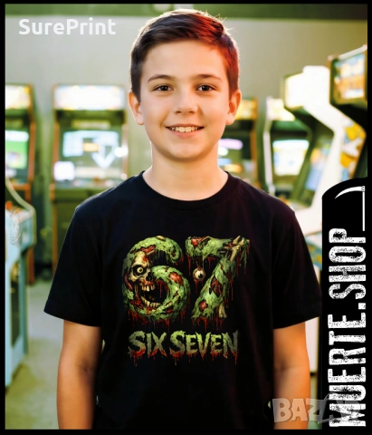 Детска тениска 67 SIX SEVEN ZOMBIE STYLE със смела zombie щампа.