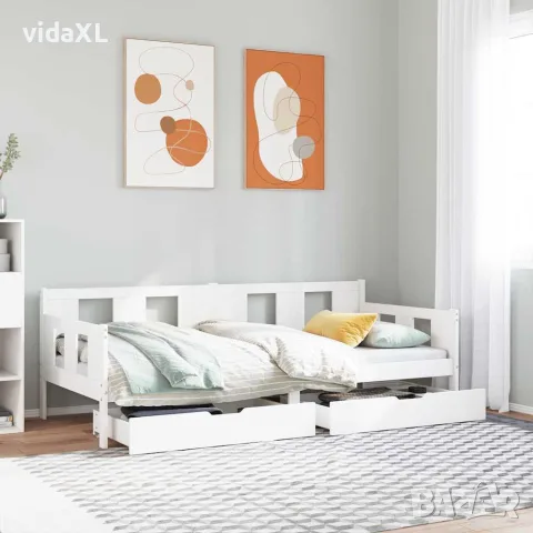 vidaXL Дневно легло с чекмеджета без матрак бял 90x190 см дърво масив, снимка 2 - Спални и легла - 56146958
