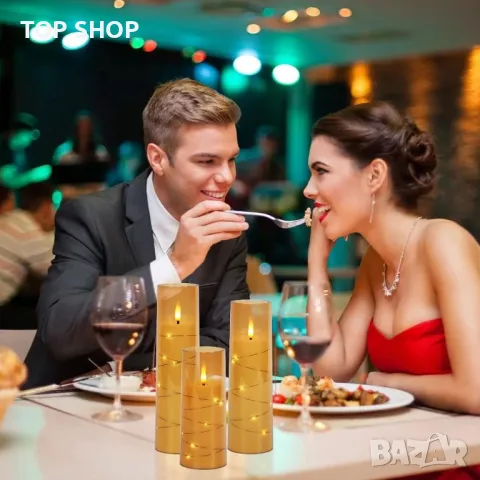 IMAGE Трептящи безпламъчни свещи за декор,работещи с батерии, акрилни 3D LED с таймер, 5 броя, злато, снимка 5 - Декорация за дома - 49515863