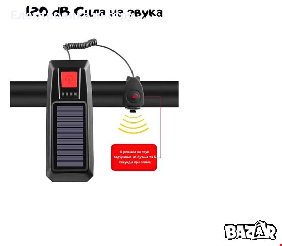 Соларен фар за колело с мощна светлина и клаксон, снимка 6 - Аксесоари за велосипеди - 40215968