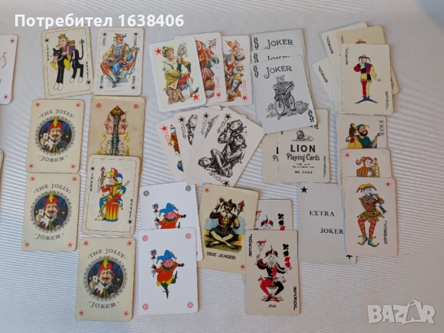 Колекция от 56 ретро жокера и рекламни карти за игра (Булгартабак и др.)
