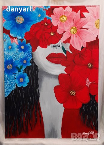 Ръчно рисувана картина – Жена скрита зад цветята, снимка 1 - Картини - 34418907