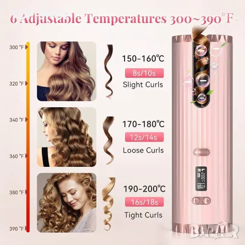 Безжична маша за къдрици, преносима автоматична маша, 6 температури и таймер, LCD дисплей, USB кабел, снимка 5 - Преси за коса - 48657235