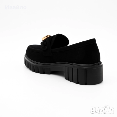 Дамски черни мокасини от еко велур с масивна подметка и златист аксесоар, снимка 7 - Дамски ежедневни обувки - 52096875