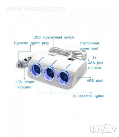 МОЩЕН 120W РАЗКЛОНИТЕЛ ЗА КОЛА С 3 ГНЕЗДА ЗА ЗАПАЛКА И 2 USB ВХОДА - код 1506, снимка 6 - Аксесоари и консумативи - 34048502