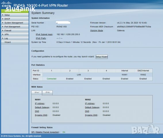 Рутер Cisco Small Business RV042, Dual WAN, VPN, снимка 5 - Рутери - 35881923