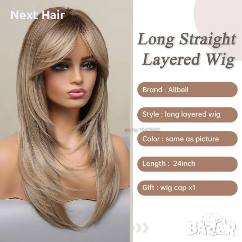 Тъмно руса перука с фини светли кичури и дълъг бретон, снимка 5 - Аксесоари за коса - 51086955