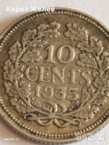 Сребърна монета 10 цента 1935г. Недерландия Кралица Вилхелмина за КОЛЕКЦИЯ 29924, снимка 3 - Нумизматика и бонистика - 53654052
