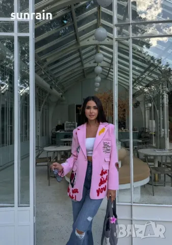 стилно дамско розово сако с щампи, снимка 3 - Сака - 49424117
