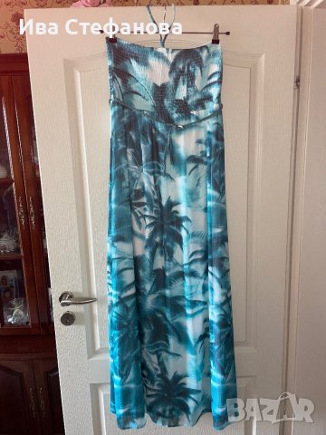 Ефирна дълга тюркоазена  елегантна ежедневна рокля тропик палми тропически принт , снимка 3 - Рокли - 41703823
