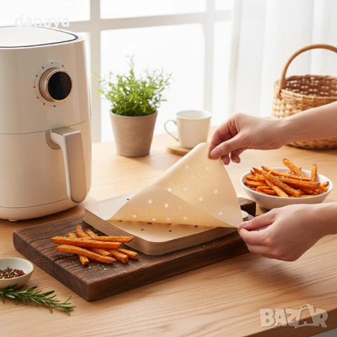 6301 Хартиени подложки за Air Fryer с дупки, 205×205 мм, 50 броя, снимка 5 - Съдове за готвене - 53211011