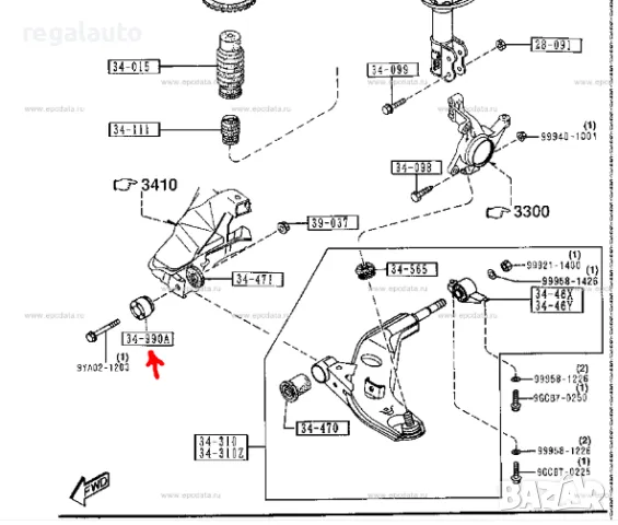 GE4T34990,GA2A34990A,тампон,втулка предно окачване Mazda MX-6,GE5B,GEEB 11.1991