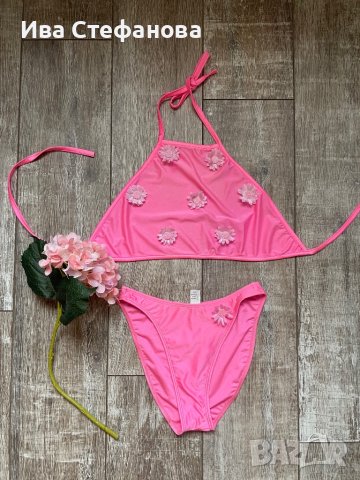Кокетен цикламено неоново розов бански костюм с 3D 3Д цветя размер М , снимка 7 - Бански костюми - 41677097