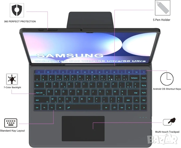 Калъф с клавиатура с тъчпад за Samsung Galaxy Tab S10/ S9/ S8 Ultra 14.6", снимка 9 - Таблети - 53256217