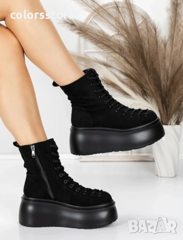 Боти на платформа - черен велур - 56WL11 