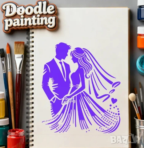 Двойка младоженцибулка младоженец сватба стенсил шаблон спрей торта украса боя Scrapbooking, снимка 2 - Други - 53264214