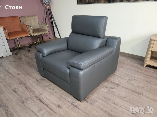 Италиански сив кожен фотьойл Ancona, снимка 6 - Дивани и мека мебел - 53716476