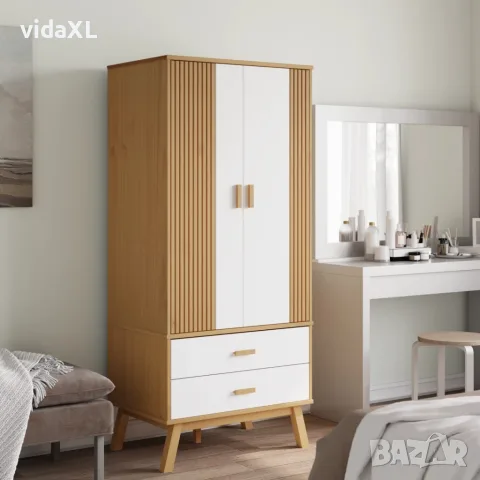 vidaXL Гардероб OLDEN, бял и кафяв, 76,5x53x172 см, борово дърво масив, снимка 3 - Гардероби - 56147299