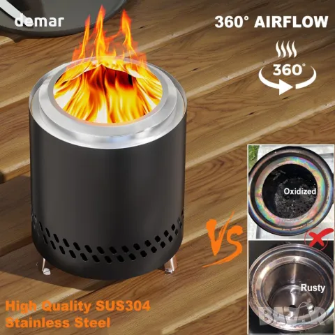 FANHAO 18 см настолно огнище със стойка, бездимно огнище от неръждаема стомана с подвижна пепелница, снимка 2 - Други стоки за дома - 47525845