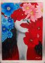 Ръчно рисувана картина – Жена скрита зад цветята, снимка 1 - Картини - 34418907