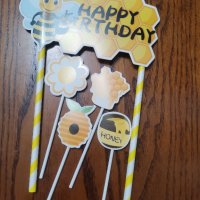 Happy Birthday пчела кошер мед топери топер сламки декор за торта, снимка 1 - Други - 44424254