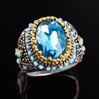 Мъжки пръстен със син циркон и тюркоази, снимка 3 - Пръстени - 41995003