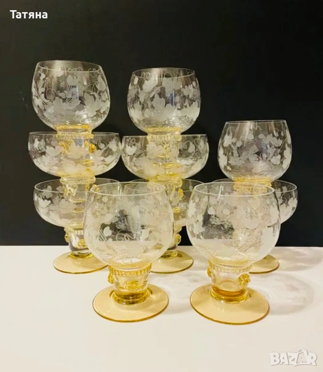 10 Кристални чаши за вино. Германия 1960-70, Theresienthal, Россия ръчна  изработка, кехлибарен цвят, снимка 1