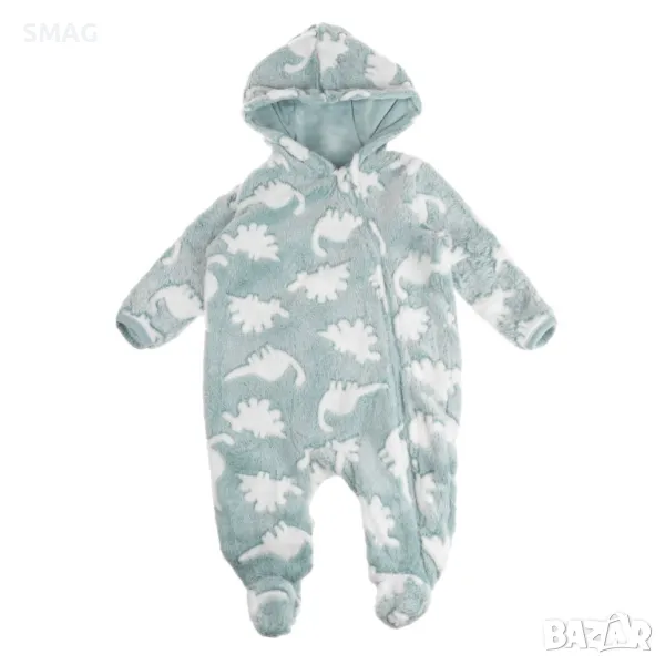 Бебешки полар ромпър Ментово Бяло с качулка с дизайн на динозавър S_1245177, снимка 1