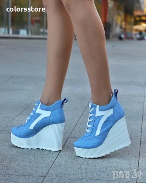 Кецове на платформа - син деним с бяла лента - NO4, снимка 1